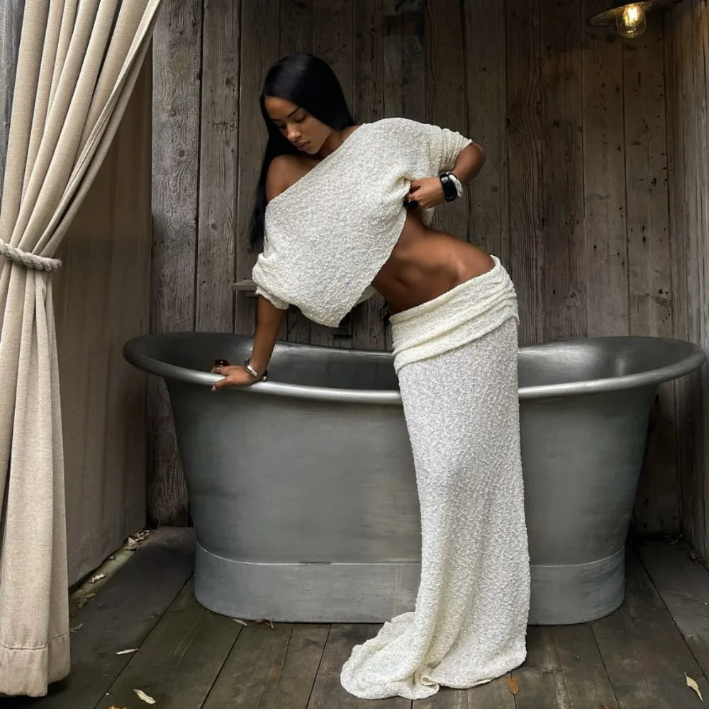 Strick-Strandset – Langarm-Top & Maxi-Rock