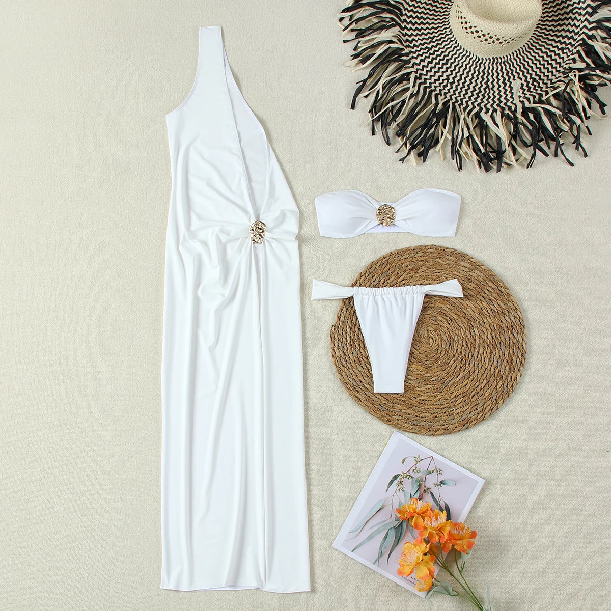 3-teiliges Bikini-Set – Bandeau & Maxi Cover-Up